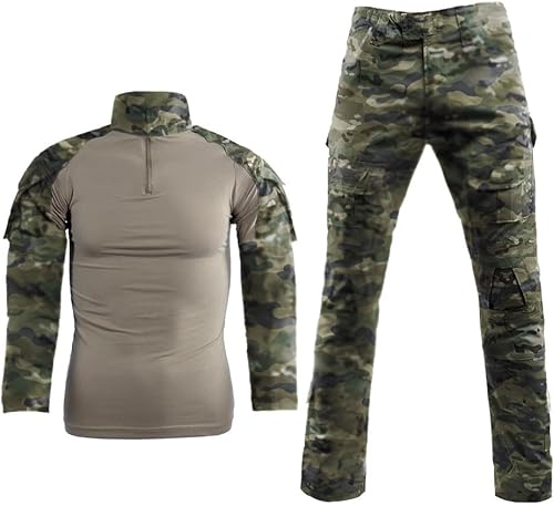 Juego Lanbaosi de camisa y pantalón táctico, de combate, manga larga, MultiCam, Woodland, de batalla, uniforme militar de caza con cierre zipper 14,