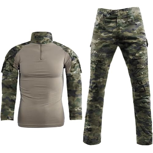 LANBAOSI Men's Tactical Combat Shirt and Pants Set Long Sleeve Woodland Hunting Military Uniform 1/4 Zip