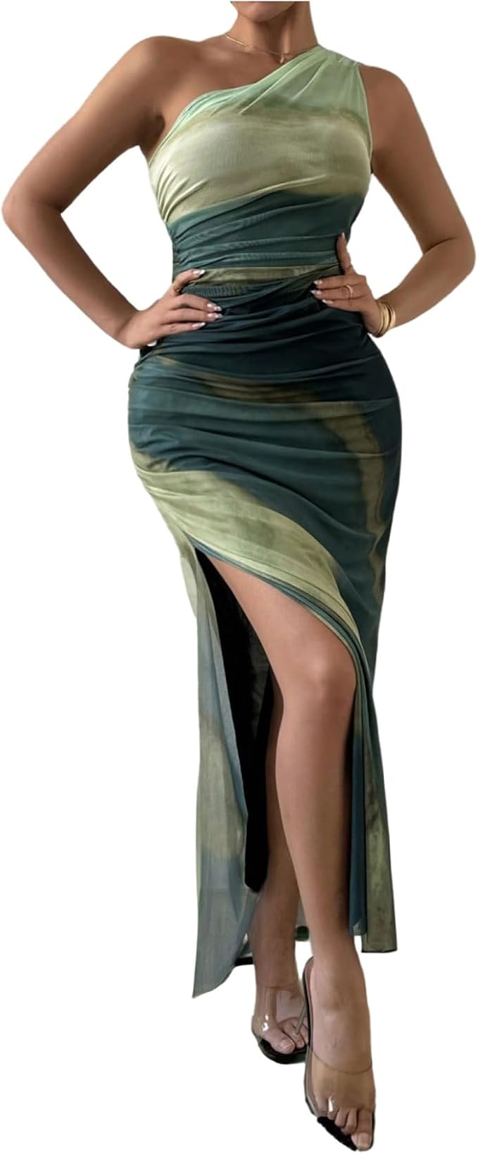 GORGLITTER Women's Tie Dye One Shoulder Bodycon Maxi Dresses Ruched Split Thigh Elegant Tank Dress