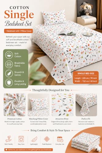 Image of IVAZA 220 TC Soft Ezyption Cotton Floral Single Bed Sheet - Single bedsheet with 1 Pillow Cover Hypoallergenic, Brethable, (Size- 90 x 60 Inch White Orange