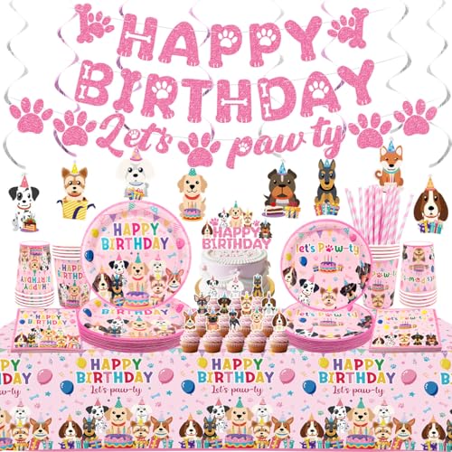 Geburtstags-Partyzubehör für Hunde, 20 Gäste, inklusive Teller, Servietten, Becher, Tischdecke, Banner, Girlanden und Tortenfigur für die Dekoration der Hundeparty