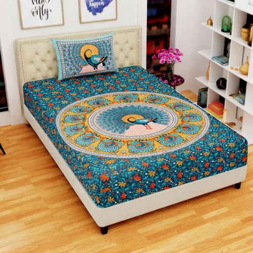 RajasthaniKart® Pure Cotton 144 TC Printed Single Bed Elastic Fitted Bedsheet with 1 Pillow Cover - All Around Elastic | 36"X72", Fits Up to 6" Mattress | Pink Booty