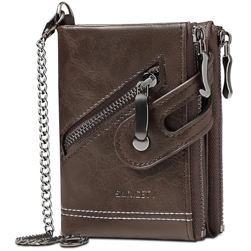 SKDFHOD Geldbörse Herren, Slim Wallet mit Münzfach & RFID Schutz, Leder Portmonee, Geldbörse Herren & Damen, Kartenetui Kreditkartenetui, Geldbeutel mit Kette, 14 Fächer für Kreditkarten(Kaffee)