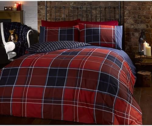 Argyle Single Quilt Duvet Cover and Pillowcase Reversible Bedding Bed Set, Tartan Check - Red