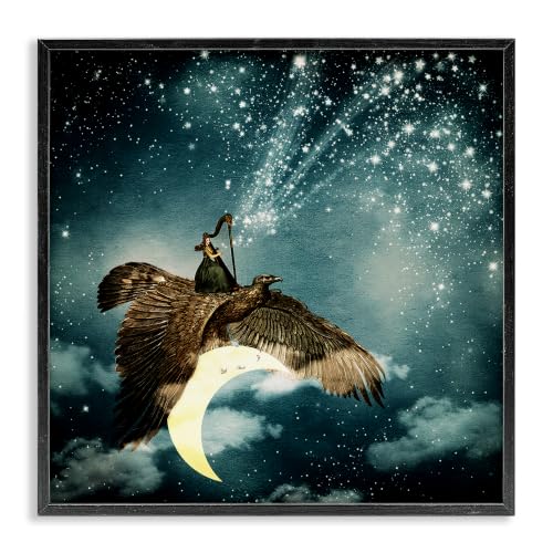 'Dreamy Surreal Bird Flying Moon Harp Galaxy'| Framed Giclee Art