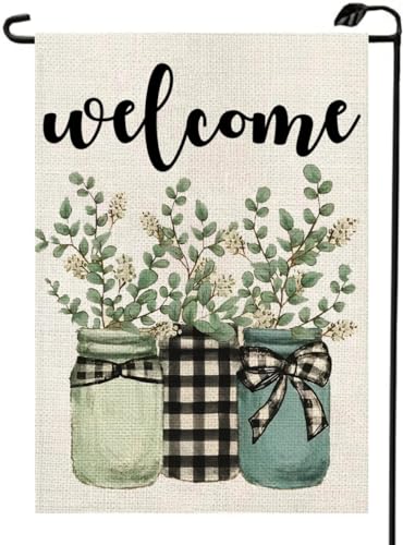 Welcome Spring Summer Eucalyptus Mason Jar Garden Flag 12x18 Inch Double Sided Buffalo Plaid Yard Outdoor Decoration CX02