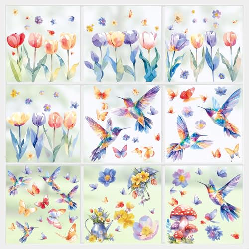 Yunkctuk Adesivi per Finestra 9 PCS, Sticker Decorativi da Finestra Estate Farfalla Tulipano, Vetrofanie Stampa Fronte Decorativi per Camere Bambini e Bagni Vetri