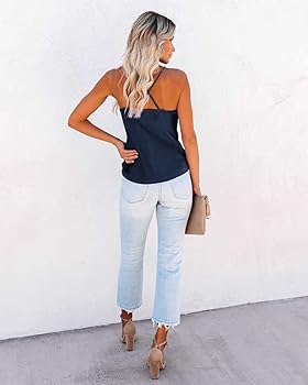 トップス FETICO Open Back Camisole Cami Tops for Women Wide Strap Square Neck Side Slit Tank