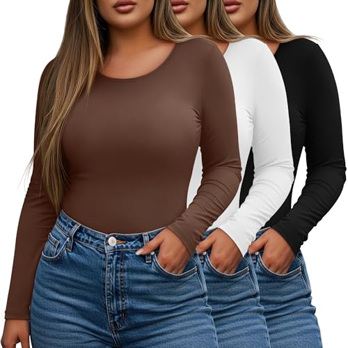 3 Pack Women's Plus Size Shirts Tops Scoop Neck Long Sleeve Cotton Tee Slim Fitted Stretchy Casual Basic Fall Blouse