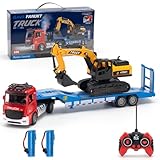 X-Verse 2.4Ghz Ferngesteuerter Pritschenwagen und Bagger Spielzeug, RC Sattelzugmaschine mit Sound und Lichtern Geeignet für Baufahrzeuge für Jungen, 3 Batterien(Rot)
