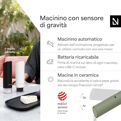 LARS NYSØM Macina Sale e Pepe Elettrica Gravity - Set di Macinini Automatici Ricaricabili USB-C, Macinatura Regolabile, Utilizzo con una Mano per Cucina (Sage Green) - immagine 3