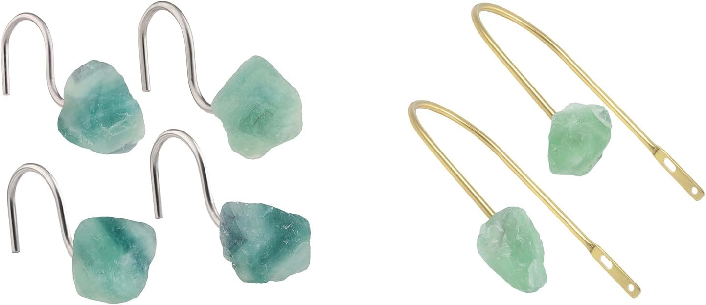 mookaitedecor Bundle - 2 Items: Set of 4 Natural Green Fluorite Crystal Shower Curtain Hooks & Set of 2 Natural Fluorite Crystal Window Curtain Holdbacks for Home Decor
