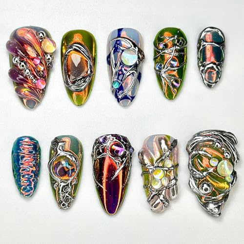 Edgy Metallic 3D Press-On Nails,Holographic Chrome Nail Design,Metallic Shine Nail