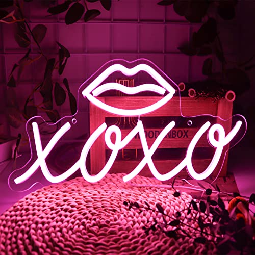 OXXO Neon Sign for Wall Decor, Hugs and Kisses Night Light Sign, Powered by USB 3D Art Neon Light, LED Light Up Signs for Gifts Boyfriend Girlfriend Lover Teens Kids’ Room Cool Home. Pink(16x8inches)