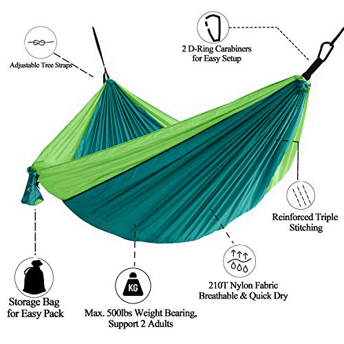 Favorland Camping Hammock Double & Single with Tree Straps for Hiking, Backpacking, Travel, Beach, Yard - 2 Persons Outdoor Indoor Lightweight & Portable with Straps & Steel Carabiners Nylon (Green) - Image 4