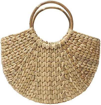 Habere India-All the Cultures Fabricating India Straw Tote, Small Basket, Bamboo Beach Bag for Women, Boho Kauna Handbag, Half Moon - Contemporary, Beige