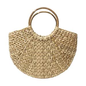 Habere India-All the Cultures Fabricating India Straw Tote, Small Basket, Bamboo Beach Bag for Women, Boho Kauna Handbag, Half Moon - Contemporary, Beige