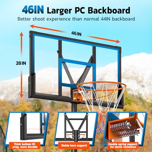 Yohood 46\" 10FT Basketball Hoop Outdoor - Portable Basketball Goal Adjustable Hoops & Goals with Solid Steel Rim & Extra-Large Base for Kids/Youth/Teens/Adults Outdoor