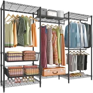VIPEK V10 Wire Garment Rack 5 Tiers Heavy Duty Clothes Rack with Hanging Rods, Wire Shelves & 2 Slid Storage Baskets, Large Size Clothing Rack 85.4" W x 15.7" D x 76.4" H, Max Load 920 LBS, Black