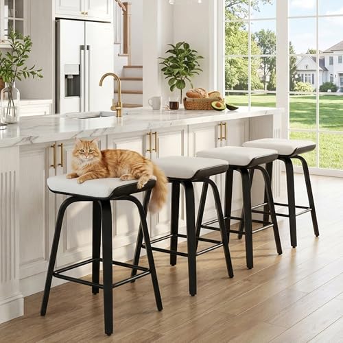Image of HNY 26 inch Swivel Bar Stools Set of 4, Backless Counter Height Bar Stools with Removable Boucle Cushion, 360 Swivel Wooden Saddle Stools with Footrest for Kitchen Island, Home Bar & Small Spaces, White