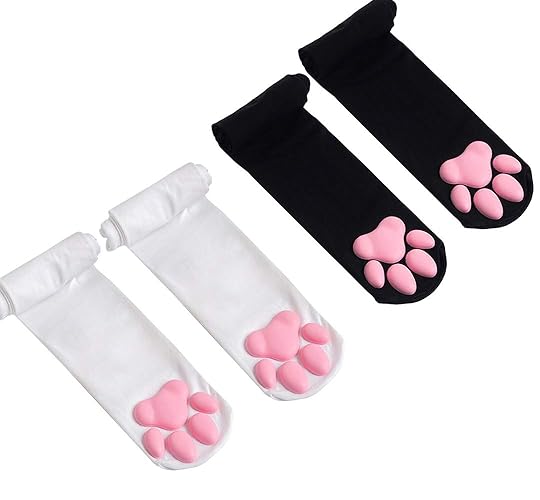 Cat Paw Thigh High Socks Golves, Girls Women Cosplay Soft 3D Toe Beans Mittens Kitten Paw Pad Stockings - Black&white