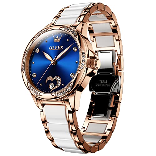 OLEVS Womens Self Winding Watch Blue Face Automatic Watches for Women Classy Heart Diamond Ladies Watches with Date Two Tone Bracelet Stainless Steel Ceramic Watch Women Waterproof Reloj De Mujer