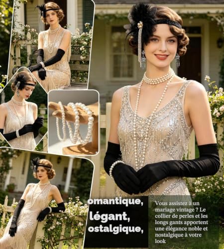 kasahara Set Accessoire Années 20 Gatsby Flapper Bandeau Plume Organza Gants Longs Collier Perles Déguisement Femme Halloween Carnaval Noël，Flower1 – vue 4