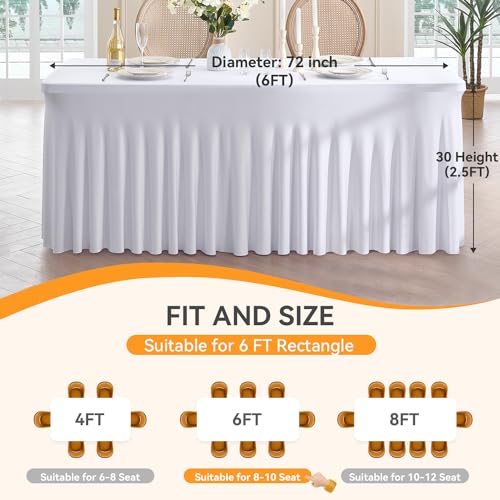 Image of Outpain 6Pack White Spandex Table Clothes for 6 Foot Rectangle Tables-6FT Wrinkle Free Fitted Tablecloths with Skirt for Parties, Wedding, Birthday, Banquet, Festival