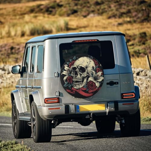 Image of Skull with Rose Spare Tire Cover, Universal Wheel Tire Cover Funny Skull Skeleton Tire Protectors for Trailer RV SUV Truck Camper 14 Inch