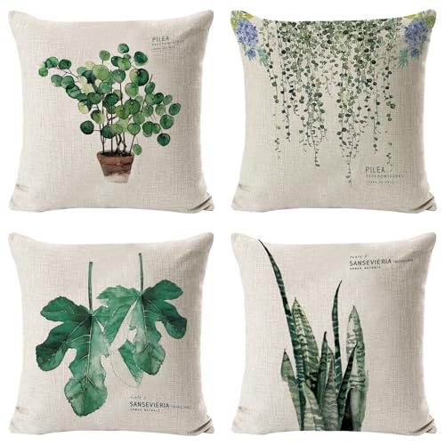 HIQE-FL Juego de 4 Fundas de Cojín de 45 x 45 cm,Fundas de Cojín Hojas Tropicales,Cojines Impermeables Exterior,Poliéster Lino Fundas de Almohada,para Sofá, Oficina, Coche,Decoración del Hogar