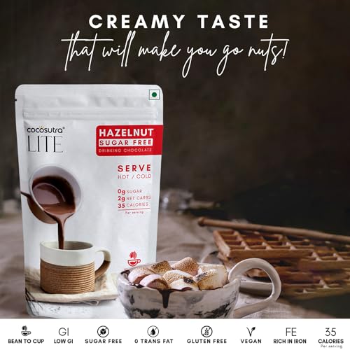 Image of COCOSUTRA LITE - SUGAR FREE Drinking Chocolate Mix - Hazelnut | Zero Sugar, Low Carb, Low Calorie | Stevia & Erythritol based | Keto Friendly Hot Chocolate | Vegan | Enjoy hot or cold | 200 g
