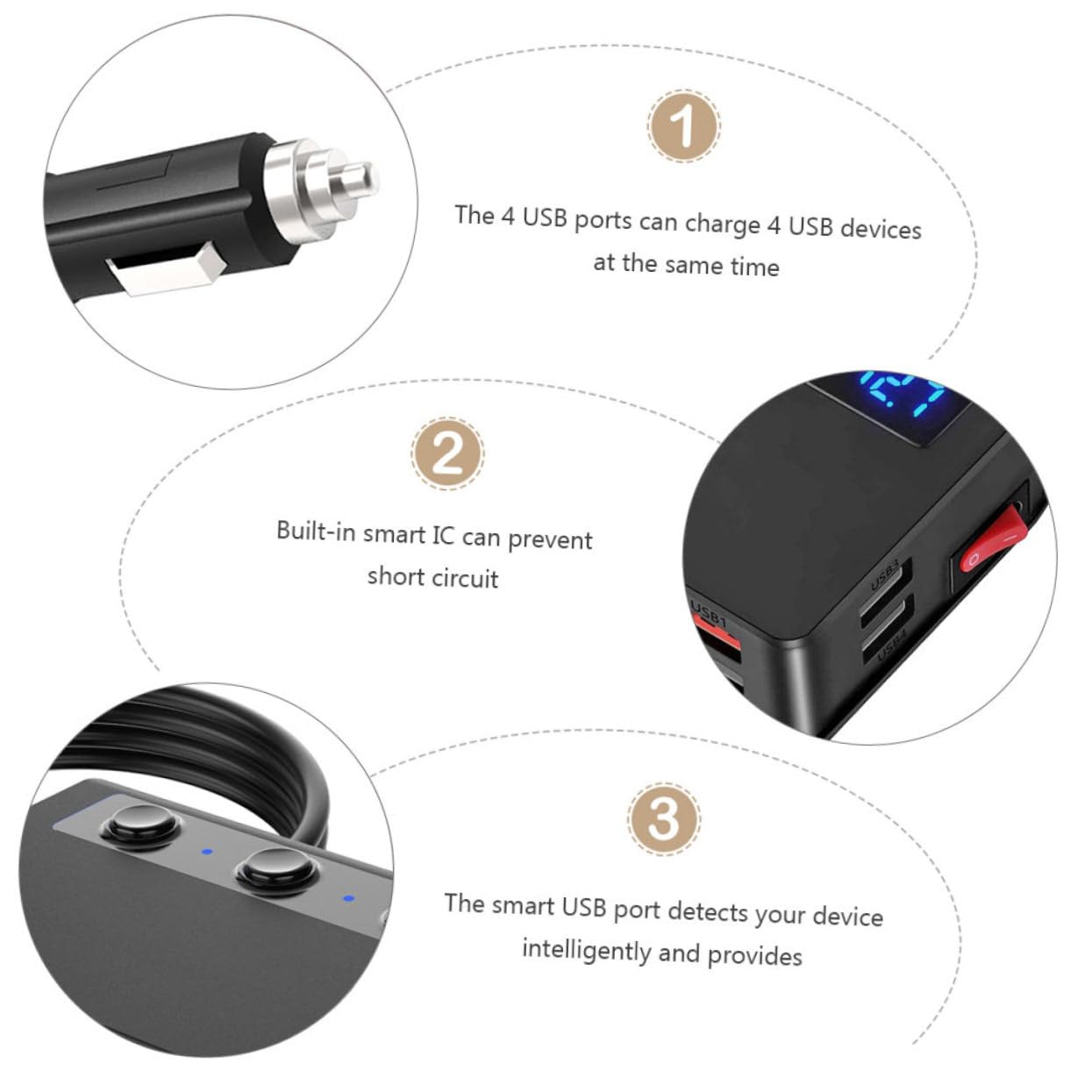 POPETPOP Caricatore Auto 3 Prese 180w 4 Porte Usb, Sdoppiatore Accendisigari Nero in Pc, Interruttore Separato e Protezione per Auto