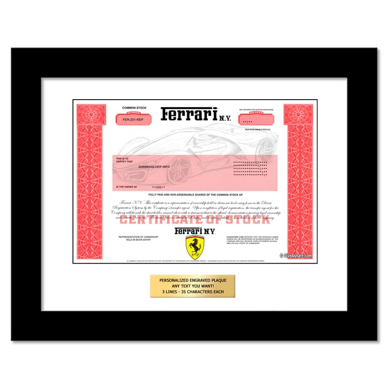 GiveAshare Ferrari Stock Certificate (RACE) - Personalized Replica (Black Frame & Plaque)