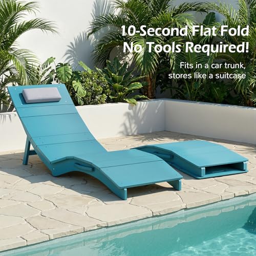Image of Stoog Pool Chaise Lounge Chairs Set of 4, HIPS Anti-Floating Folding Outdoor Chaise with Headrest, Heavy Duty Patio Furniture for Poolside, Hotel, Beach & Sun Decks, Turquoise