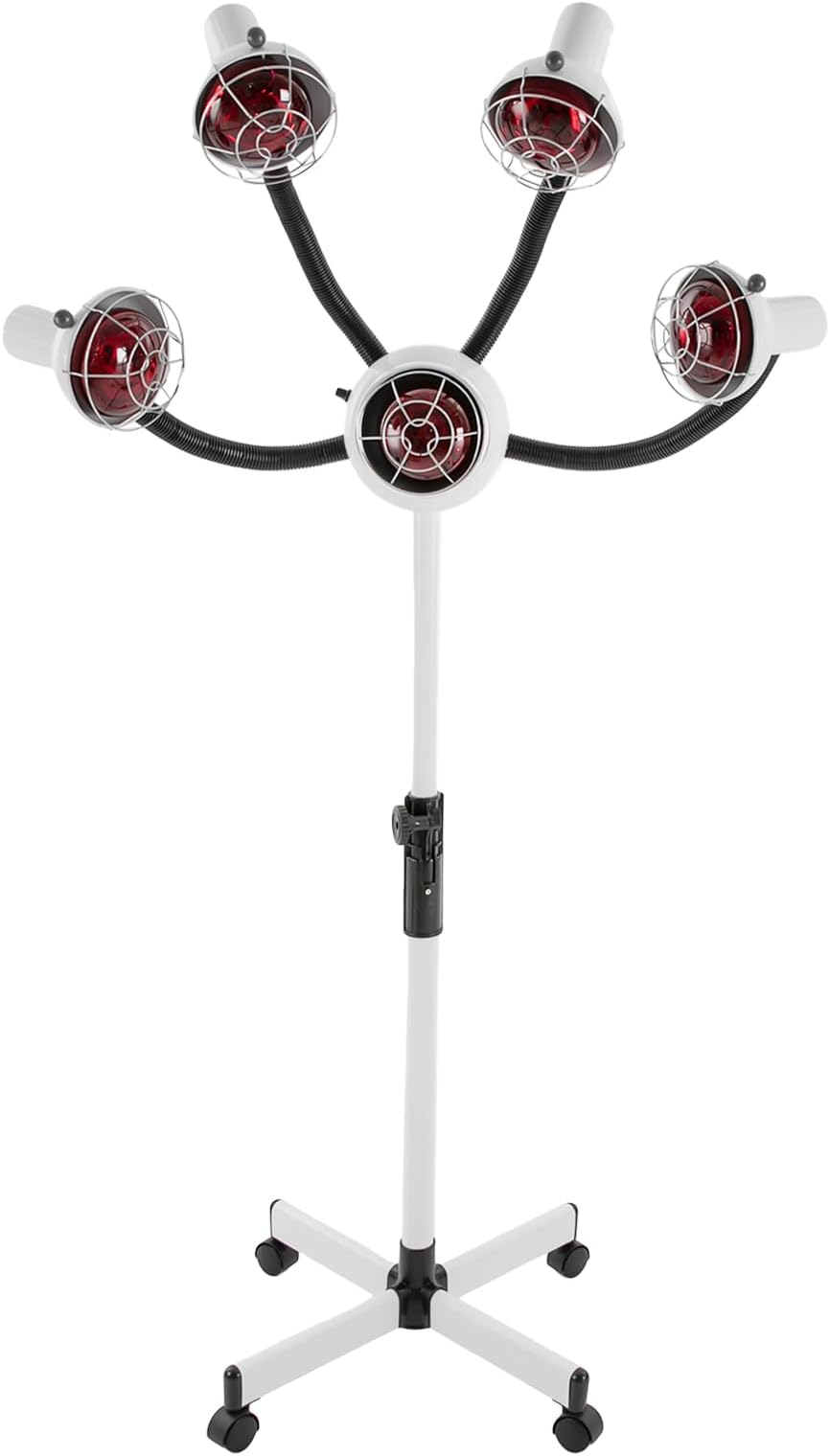 5 Head 750W Infrared Heat Lamp Salon, Adjusting Height Hair Salon Heat Lamps for Processing, Hair Color Processor Infrared Red Light with Rolling Wheels, White 110V
