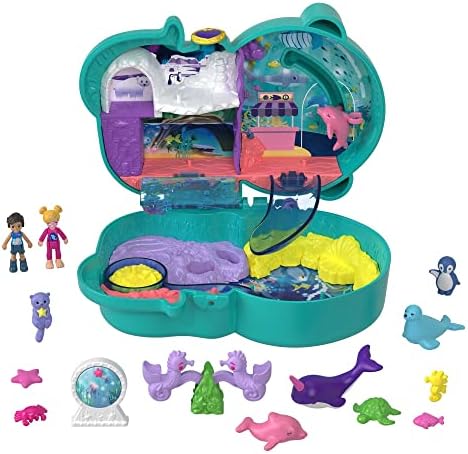 Polly Pocket Compact Playset, Otter Aquarium with 2 Micro Dolls & Accessories, Travel Toys with Surprise Reveals