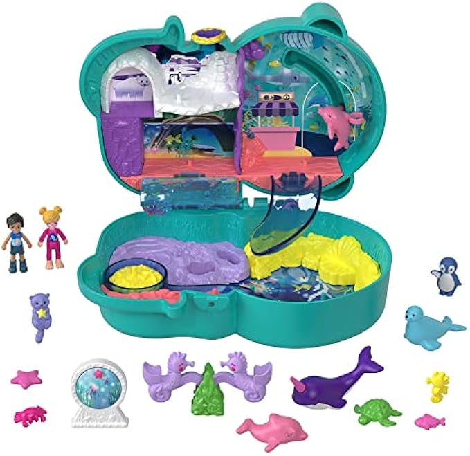 Polly Pocket Otter Aquarium Compact, Aquarium Theme with Micro Polly & Nicolas Dolls, 5 Reveals & 12 Accessories, Pop & Swap Feature, Great Gift for Ages 4 Years Old & Up