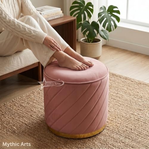 Image of Ottoman Stool, Puffy Stool, Sitting Stool, Modern Upholstered Round Ottoman, Dressing Table for Living-Pink