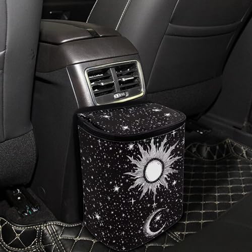Image of DISNIMO Sun and Moon Auto Car Trash Can - Collapsible, Leakproof Garbage Bin with Adjustable Strap - Car & Truck Accessories for Men and Women - Black