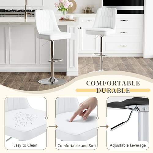 Image of Swivel Bar Stools Set of 2 - White Barstools with Back,Adjustable Counter Height Bar Stools with Sturdy Metal Legs,Leather Counter Height Stools Ideal for Kitchen Island Pub(25''-33''H)