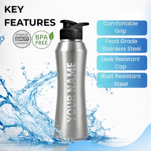 Image of Speedex Customised Stainless Steel Sipper Water Bottle 1 Ltr with Engraved Name - Personalised Flip Cap Bottle for Kids, Adults, School, Sports, Gym, Silver, Set of 1