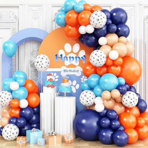 Orange Blue Beige Balloons Garland Kit with Dog Paw Printed Balloon