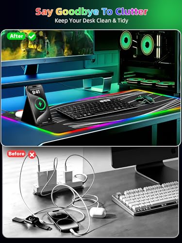 Image of Mouse Pad with Foldable Phone Holder & Wireless Charger, XXL RGB Gaming Mousepad 31.5 inchx15.8 inch Large Desk Mat for Keyboard, Black Desk Pad with Dual Qi Charging Station | 11 Colors 5 Modes
