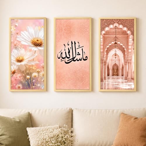 Image of PAINTINGMANTRA Islamic wall decor items, Set of 3 Mashallah Arabic Calligraphy Framed Poster Pink Floral Daisy Mosque Arch Muslim Ramadan Eid Gift & Home Decor (Size: 8x18 Inch)