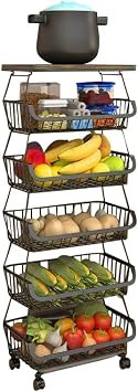 Metal Wire Baskets with Wheels, Kitchen Organizer, 6 Tier Stackable Storage Containers, Fruit and Vegetable Trolley, Dish Rack for Bathroom, Garage and Pantry
