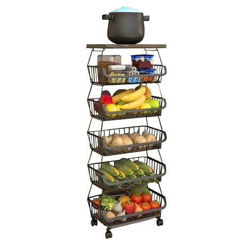 Baotkere Paniers de rangement empilables en fil de métal avec roulettes, étagère de rangement à 6 niveaux, chariot à fruits et légumes, étagère à vaisselle pour salle de bain, garage et garde-manger