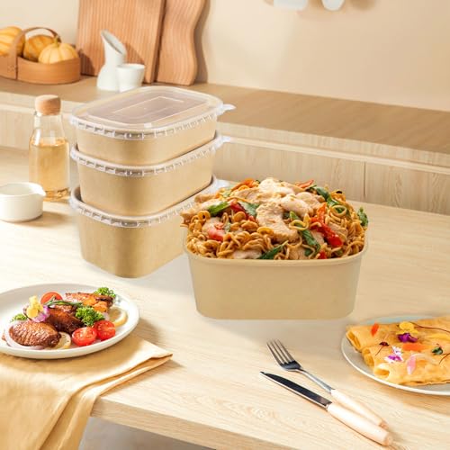 Hokimder 50 Pack 25oz Compostable Take Out Paper Food Cardboard Containers with Lids, Disposable Kraft Paper to Go Boxs, Microwave and Freezer Storage Safe for Salad, Leftovers, Soup, Snack-750ml by Hokimder - Used condition - Image 8