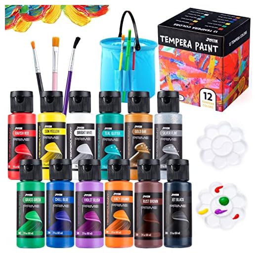 JOYIN Juego de 12 pinturas de témpera lavables para niños (2 onzas cada uno), pintura líquida para póster con 6 pinceles, 2 paletas y 1 cubo de pintura, pintura no tóxica para niños para pintar con