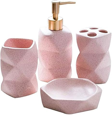 Bathroom Simple Ceramic Set Nordic Wash 4/5/6 Pieces Soap Dish Toothbrush Holder Toothbrush Holder Tray (Color : Blue Size : 4 Piece Set) (Pink 4 piece set) image 2