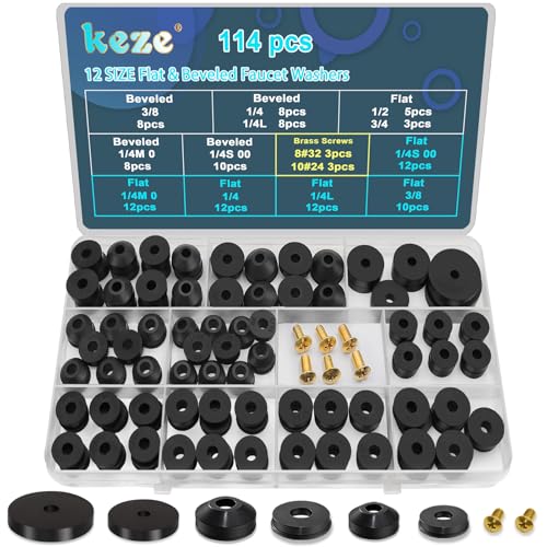 KEZE 114-teiliges Sortiment mit 10 Größen Wasserhahn-Dichtungen mit Messing-Bibb-Schrauben, flache und abgeschrägte Gummidichtungen:1/2,3/8,3/4 für DIY-Außenwasserhähne